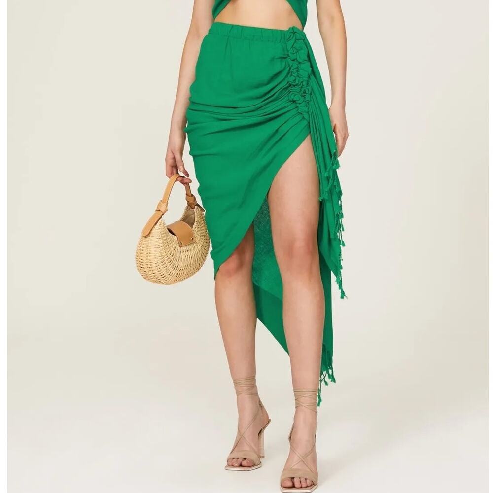 Just Bee Queen Tulum Wrap Skirt Ruched Asymmetrical Cover Up 100% Linen Green XS